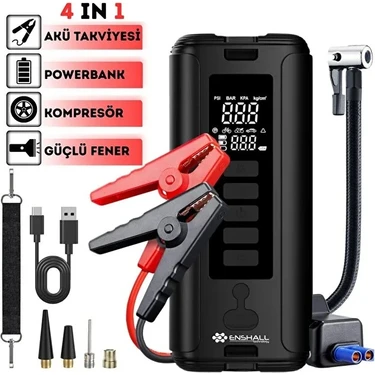 Enshall 12000MAH LED Işıklı Acil Durum Akü Takviye Cihazı Araç Motor Lastik Şişirme Hava