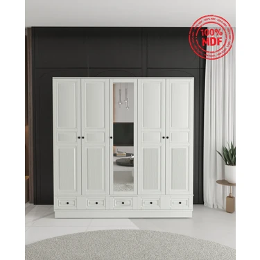 T&B Nil 5 Kapaklı Çekmeceli Bazalı Gardırop - Tamamı