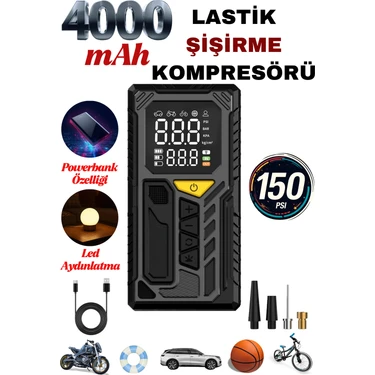 Yussraw auhma A7777Şarjlı Hava Kompresörü  4000 Mah 4ın1 Şarjlı+Araç  Taşınabilir Araç Lastik Top