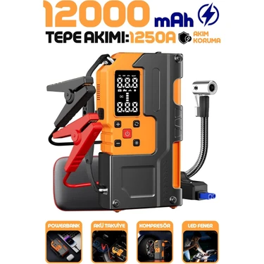 Enshall 4in1 Şarjlı 12000MAH Akü Takviye Cihazı Hava Kompresörü 150PSI Powerbank Destekli Lastik