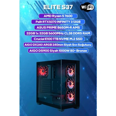 Game Garaj Elite S37 Amd Ryzen 5 7600 32GB Ram 1tb SSD RTX5070 240MM Sıvı Soğt Freedos Oyuncu Oem