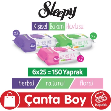 Sleepy Natural + Floral + Herbal Kişisel Bakım Havlusu Çanta Boy 6X25 (150