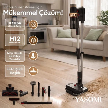 Yasomi Vion Plus V11 33Kpa H12 Hepa Mop Başlık Led Işıklı Turbo Başlık Dikey
