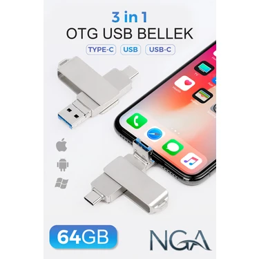 NGA 64GB 3 In 1  Otg Flash Bellek USB 3.0 Yüksek Hız (Type-C Usb-C Lightning)  Iphone-Android-Pc