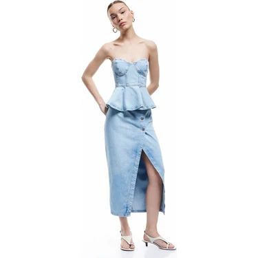 Koton Düğme Detaylı Yırtmaçlı Midi Denim