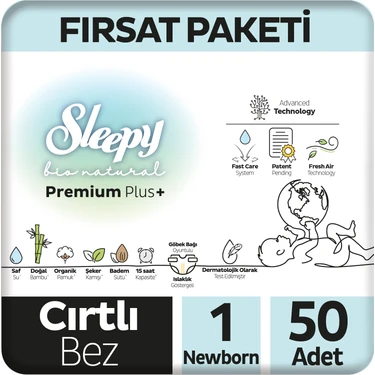 Sleepy Bio Natural Premium Plus Fırsat Paketi Bebek Bezi 1 Numara Newborn 50