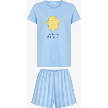 Penti Açık Mavi Happy Day Pamuklu Şortlu Pijama Takımı Kadın Desenli Rahat