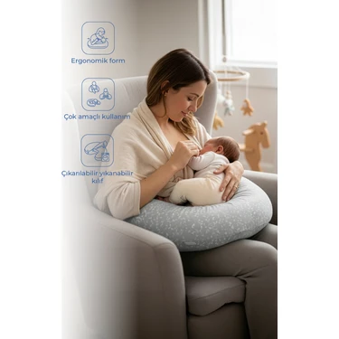 Babyjem Gri Yaprak Emzirme ve Destek Minderi Ergonomik Tasarım Yumuşak Kumaş 55 x 48