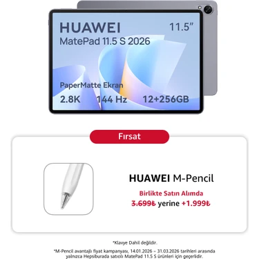 Huawei Yeni (2026) MatePad 11.5S Ultra Net PaperMatte Ekran 12GB 256GB Uzay