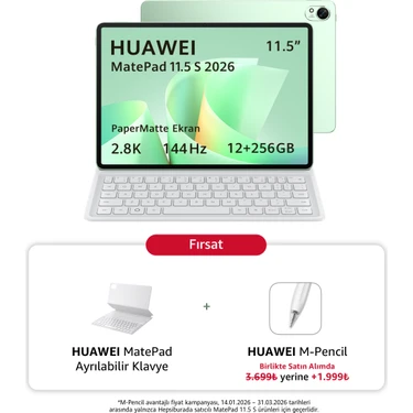 Huawei Yeni (2026) MatePad 11.5S Ultra Net PaperMatte Ekran 12GB 256GB Yeşil + Ayrılabilir