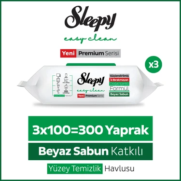 Sleepy Easy Clean Premium Beyaz Sabun Katkılı Yüzey Temizlik Havlusu Mendili 3x100 (300