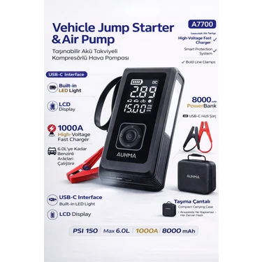 Mo Dou Taşınabilir Akü Takviye Cihazı & Hava Kompresörü 8000A — Araç Jump Starter, 150 Psı Lastik