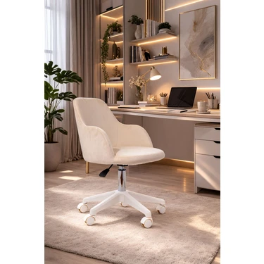 Sude Beyaz Ayaklı Çalışma Koltuğu Tekerlekli Ayarlanabilir Ofis Sandalyesi – Baby Face