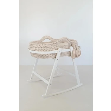 Babycom Beyaz Ahşap Çemberli Beşik Standı Bej Örgü Sepet ile Ergonomik Tasarım ve Kolay