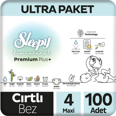 Sleepy Bio Natural Premium Plus Ultra Paket Bebek Bezi 4 Numara Maxi 100