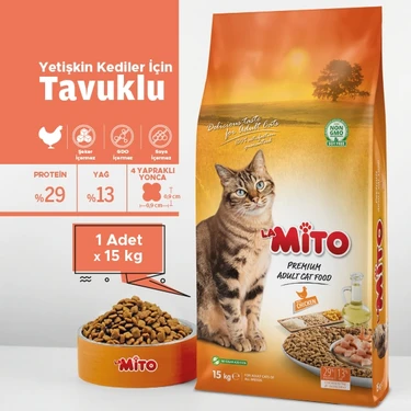 Mito Tavuklu Yetişkin Kedi Maması 15 kg Premium Kalite Besleyici İçerik ile Tüm Kediler