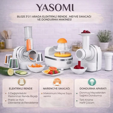 Yasomi BL025 3 Ü 1 Arada Elektrikli Rende Meyve Sıkacağı ve Dondurma Makinesi(Yasomi Türkiye