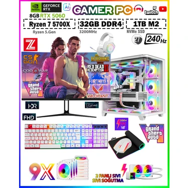 Zeiron Warrior Eagle X55 White Pro Ryzen 7 5700X 32GB 1TB M.2 SSD RTX5060 27" 240Hz Sıvı Soğutmalı