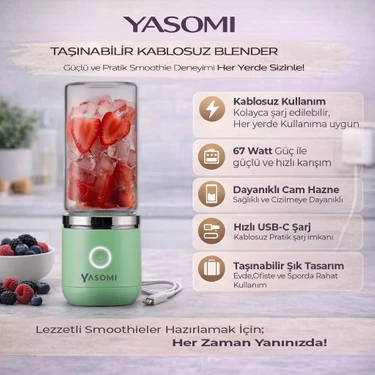 Yasomi Taşınabilir Kablosuz Şarjlı Cam Smoothie El Blenderi Yeşil (Yasomi Türkiye
