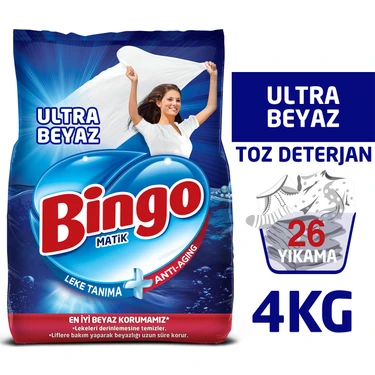 Bingo Ultra Beyaz Toz Çamaşır Deterjanı 4 Kg 26 Yıkama Standart Koku ile Leke Çıkarma