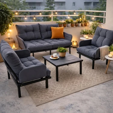 Eportatif Bahçe Takımı Balkon ve Cafe Modüler Metal Koltuk Takımı 2+1+1 Sehpalı Füme