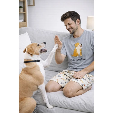 Koza İç Giyim Erkek Pamuklu Köpek Desenli Eğlenceli Cepli Şortlu Pijama
