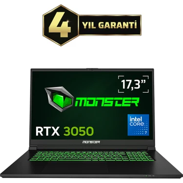 Monster Abra A7 V15.6 Intel Core 7 250H 16 GB RAM 500 GB SSD 4 GB RTX 3050 FreeDOS 17,3" 144 Hz