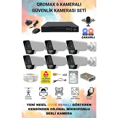 qromax 6 Kameralı Set - Yapay Zeka Özellikli Gece Renkli Sesli FullHD 5Mp Lensli 9 Warm Ve Çakar