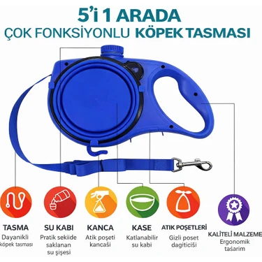 Deku 5’i 1 Arada Çok Fonksiyonlu Köpek Tasması – Su Kabı, Mama Kasesi ve Poşet Hazneli -  Sabit