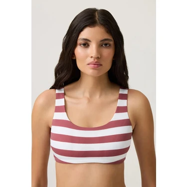 Los Ojos Bordo-Beyaz Çizgili Kare Yaka Spor Bikini Üstü Sporty