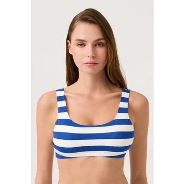 Los Ojos Lacivert-Beyaz Çizgili Kare Yaka Spor Bikini Üstü Sporty