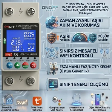 Onoffsmart Tuya Destekli Akıllı Wi-Fi Yüksek voltaj Akım Koruma açma kapatma 63 A Anahtar Devre