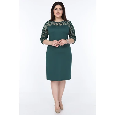 Modayız Yeşil Floklu Büyük Beden Elbise Bodycon Klasik Stil Truvakar