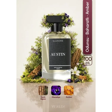 ILLUSIONE Austin EDP Erkek Parfüm 100ml | Odunsu-Baharatlı-Amber | Erik, Sedir, Paçuli,