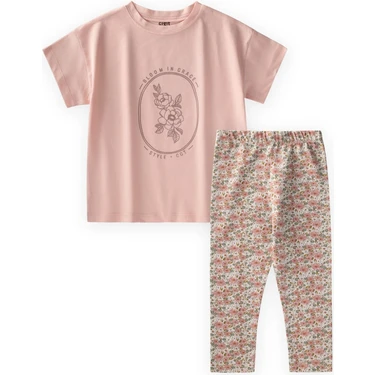 Cigit Desenli Taytlı T-Shirt Takım 2-10 Yaş Pudra