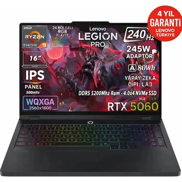 Lenovo Legion Pro 5 16ADR10 Amd Ryzen 9 8940HX 32GB 1TB SSD RTX 5060 8GB (115W) 16" WQXGA