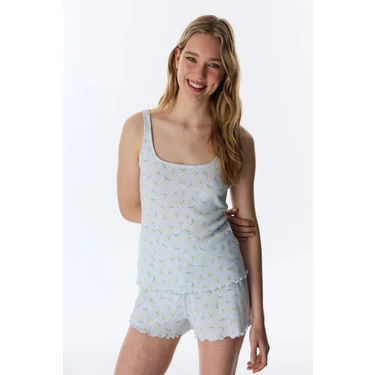Penti Açık Mavi Flora Pointel Pamuklu Şortlu Pijama
