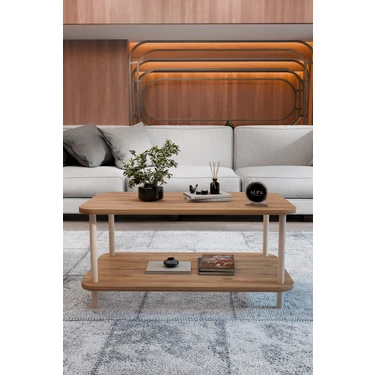 Alpa Ev Mobilya Dikdörtgen Orta Sehpa 90 cm 2 Raflı Salon Sehpası Ahşap Ayaklı Dekoratif