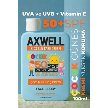 Axwell Kids Güneş Kremi Çocuklar İçin SPF 50 Yüksek Koruma 100 ml Hassas Ciltlere