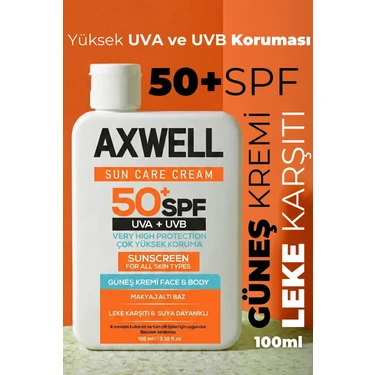 Axwell Güneş Kremi SPF 50+ 100 ml Tüm Cilt Tipleri İçin Yüksek UVA UVB Koruma Suya