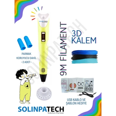 Solinpatech Sarı 3D Pen Üç Boyutlu Yazıcı Kalem Printer (3 Adet 3 Metre Filament -9 Metre- ve USB