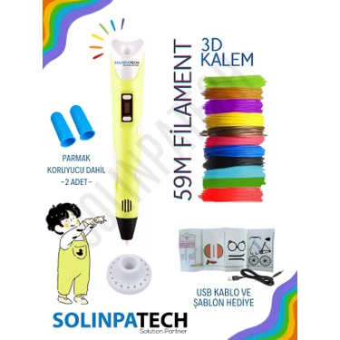 Solinpatech SARI 3D Pen Üç Boyutlu Yazıcı Kalem 59 Metre Filament ve USB KABLO ile