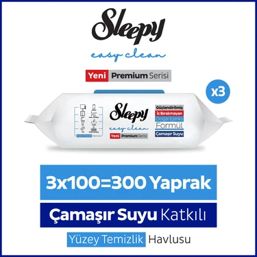 Sleepy Easy Clean Premium Çamaşır Suyu Katkılı Yüzey Temizlik Havlusu Mendili 3x100 (300