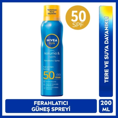 NIVEA SUN SPF50 Yüksek Güneş Koruyucu ve Ferahlatıcı Güneş Spreyi 200ml, Tere ve Suya Dayanıklı,