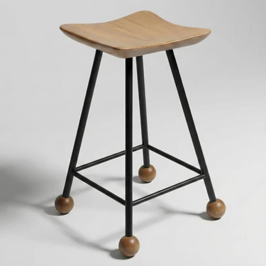 Wood Stone Art Tabure Set - 55 cm Beyaz Siyah Metal Ayaklı Masif Ahşap Kavisli Ada Mutfak