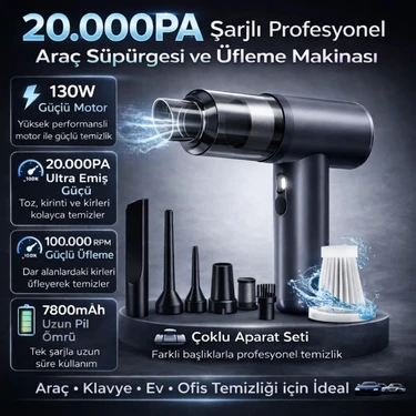 Polham 130W 20.000PA 7800MAH Şarjlı Profesyonel Araç Süpürgesi, LED Işıklı Oto Süpürge ve Üfleme
