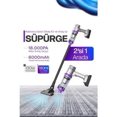 Ensiga LCD Ekranlı Dikey Süpürge Ev ve Araç Içi Süpürge 18.000 Pa Max Emiş Güçlü Kablosuz