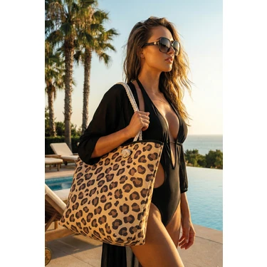 Prendi Home Leopar Desenli Büyük Boy Piknik ve Plaj Çantası –  Halat Saplı – 48X36X18