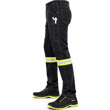 Önlem İş | Likralı Siyah Denim Reflektörlü Iş Pantolonu – Kargo ve Kumpas Cepli Dayanıklı Işçi