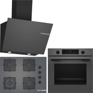 Bosch Gri 3 Lü Ankastre Set 373 ( HUA717BN0T - POP7C9P30O - DWK66PJ70T  ) 67CM Ocak - Buhar
